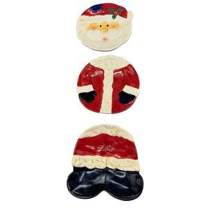 Set Of 3 Hand-Painted Ceramic Christmas-Themed Plates - Santa Face & Outfit READ